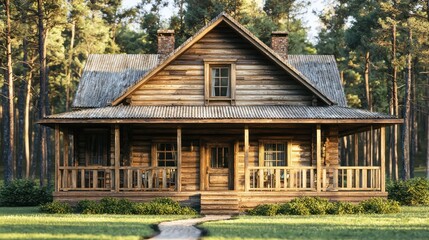 Farmhouse with a rustic wood exterior and large front porch