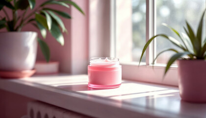 Pink Cosmetic Jar by Glass Window with Potted Plant Minimalist Interior Bathed in Natural Light, Soft Focus and Pastel Tones for a Calm, Elegant Aesthetic