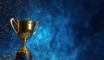 Golden trophy on blue background with light particles