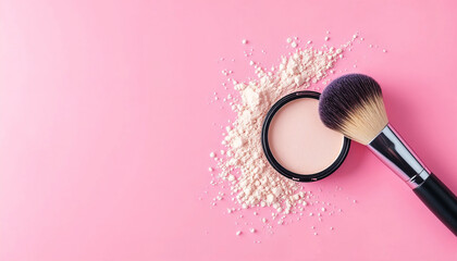 Powder Compact and Makeup Brush on Pink Background Studio Shot with High Key Lighting, Clean Minimalist Composition, Beauty and Fashion Aesthetic
