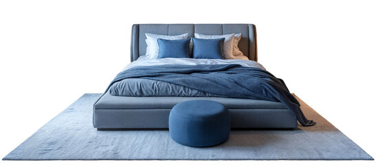 Modern blue bed with bedding and rug isolated PNG