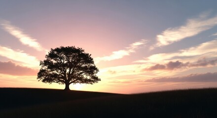 Solitary tree silhouetted against a tranquil sunrise or sunset sky with soft clouds.