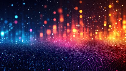 Fototapeta premium Abstract geometric design featuring array of colorful circles, dots. Dark blue background. Modern artistic digital artwork with vibrant playful design. Perfect for various tech designs, web design.