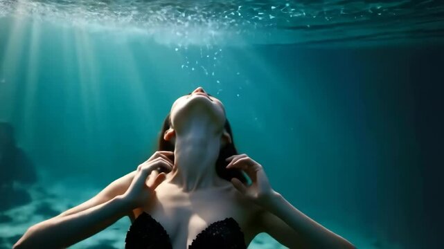 Young woman emerging from underwater with light beams above  