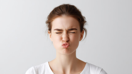Fototapeta premium Young woman with facial expression of distaste or annoyance, eyes closed and lips pursed, showing facial tension and displeasure, against plain light background