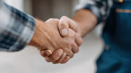 Close up of handshake between two people, symbolizing agreement or partnership, with blurred background. hands are firm and show signs of manual work, indicating trust and cooperation