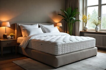 A luxurious, plush mattress bed, inviting and comfortable, perfect for a restful night's sleep Experience ultimate relaxation and support , rest, blanket, design