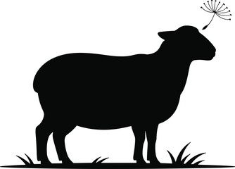 Sheep Silhouette with Dandelion Vector, Farm Animal Standing in Grass, Rustic Nature Clipart, Peaceful Livestock Design for Agriculture Art