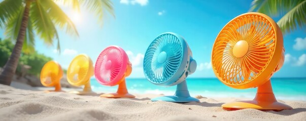 A refreshing summer scene featuring multiple vibrant fans providing a cool breeze  Perfect for illustrating heatwave relief, summer activities, or staying cool in hot weather , light, decor