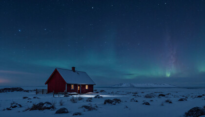 Red House Under a Snowy Night Sky