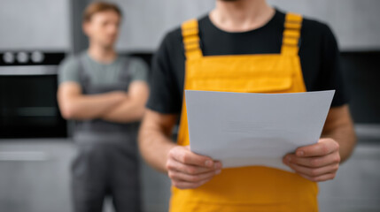 Person black shirt and yellow apron holding sheet of paper, with another person background standing with arms crossed kitchen setting. focus is person reading paper, possibly technician or worker
