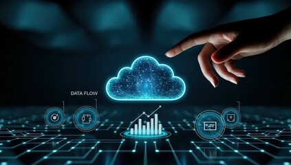 Hand touching cloud computing concept, data flow and business icons
