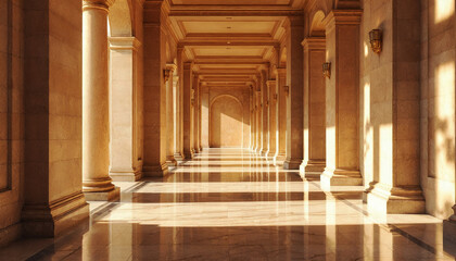 Sunlit Classical Hallway with Beige Stone Columns and Marble Floor