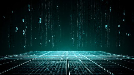 Digital rain over a glowing grid