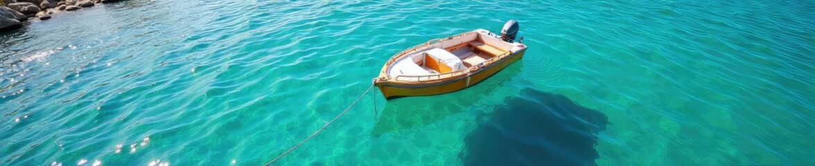 Obraz premium A sturdy anchorage boat bobs gently in calm, clear waters, its hull reflecting the sunlight The boat is securely anchored, ready for a day of exploration or peaceful relaxation , blue, boat