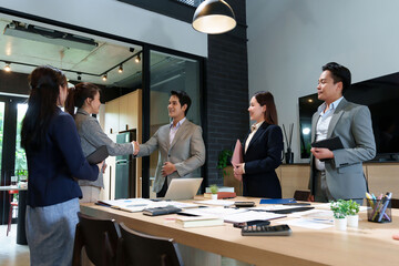 Asian Business People Handshake in Office Meeting Collaboration Corporate Agreement Success Deal Negotiation Partnership Working Together in Workplace