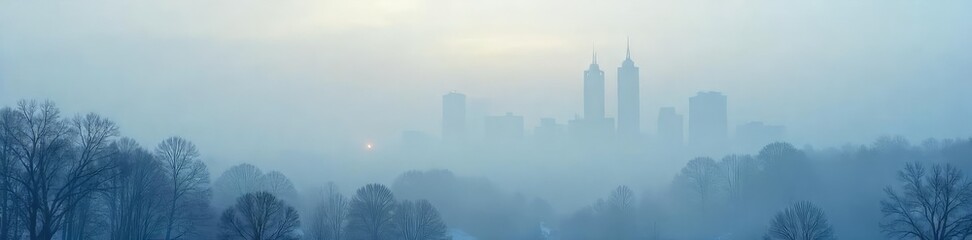 Obraz premium A thick, hazy winter fog hangs heavy in the air, obscuring distant buildings and trees The scene is cold, quiet, and serene, with muted colors and a sense of mystery , quiet, season