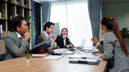 Business Meeting Asian Professionals Brainstorming Ideas Collaboration in Office Discussing Project Strategy Planning Corporate Success Growth Teamwork