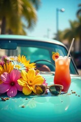 A vibrant summer scene featuring a car's hood adorned with colorful flowers, sunglasses, and a refreshing beverage, embodying carefree summer vibes , drink, cool, holiday