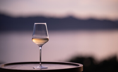 A glass of white wine with the sea in the background