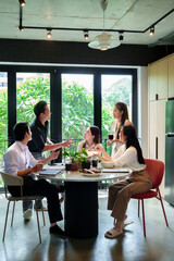Asian Business Team Meeting Collaboration in Modern Office Diverse Group Discussion Corporate Success Teamwork Innovation Brainstorming Creative Solutions Leadership 