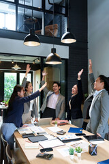 Asian Business Team Success Celebration in Modern Office Corporate Achievement High Five Startup Collaboration Adult Professionals Project Goal Triumph