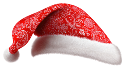 Festive Cap: A detailed shot of a vibrant red cap, festooned with intricate white patterns and a fluffy white trim. A symbol of joyous celebration.