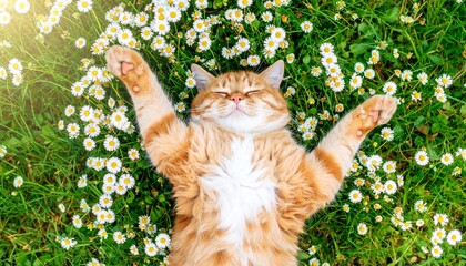 Cute orange tabby cat sitting in green grass