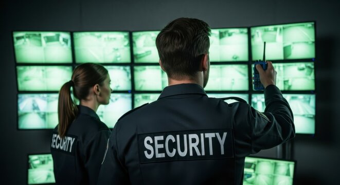 Security guards monitoring surveillance footage on multiple CCTV screens in a control room