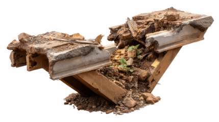 Debris and Destruction: a weathered section of destroyed buildings lies in a broken and fragile state, The remnants of a once-sturdy structure, revealing the stark impact of time and force.