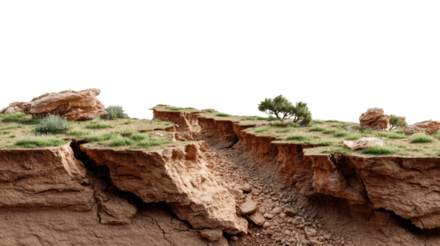 Erosion of Terrain: A dramatic view of a landscape deeply carved by the forces of erosion, where earth and rock have been sculpted by time, forming a vivid tableau of geological change.