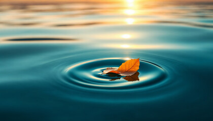 Single Orange Leaf Floating on Calm Teal Water at Sunset Minimalist Nature Photography