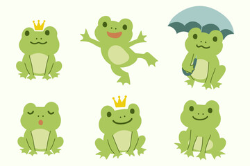 Green Hand Drawn Cartoon Frog Illustration Set.Cute Animal Character for Kids and Fun Clip Art	