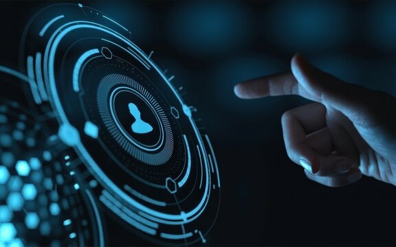 Hand touching user icon on digital interface screen. - Powered by Adobe