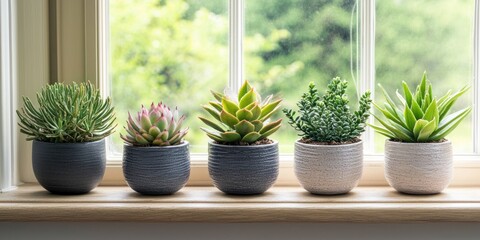 Group of small potted plants on windowsill