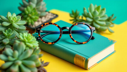 Round Tortoise Shell Glasses Resting on Book Between Succulents, Teal and Yellow Background