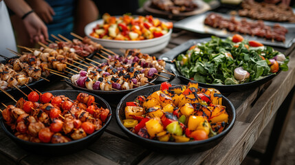 Obraz premium a summer BBQ party with people serving food buffet-style, colorful salads, and grilled skewers on a picnic table