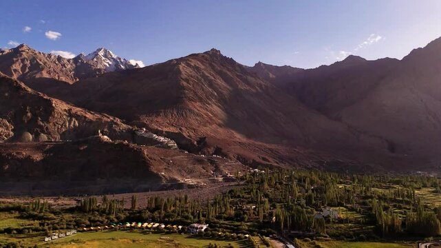 Drone capturing the ancient spirit of Diskit Monastery nestled in Himalayan silence.