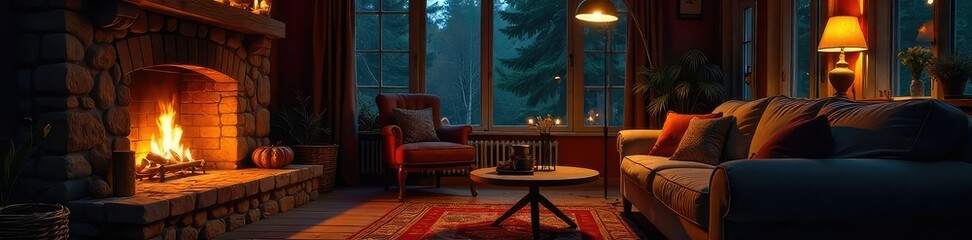 Cozy living room scene at night, warm light from a wood-burning stove casting inviting shadows on the stone fireplace and comfortable furniture  Perfect for autumn or winter ambiance , interior, fire