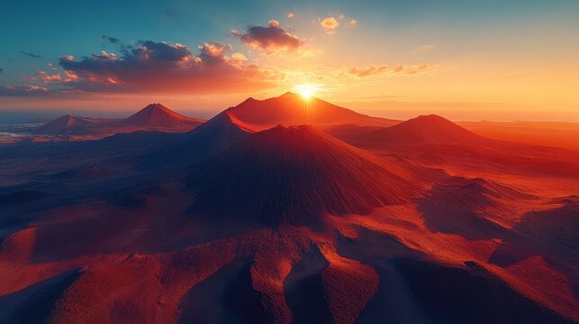 Timanfaya National Park on Lanzarote island, Canary Islands. Volcanic landscape at sunrise, sunset. Desert valley with red mountains, hills. Travel destination, nature landscape. Aerial panorama.