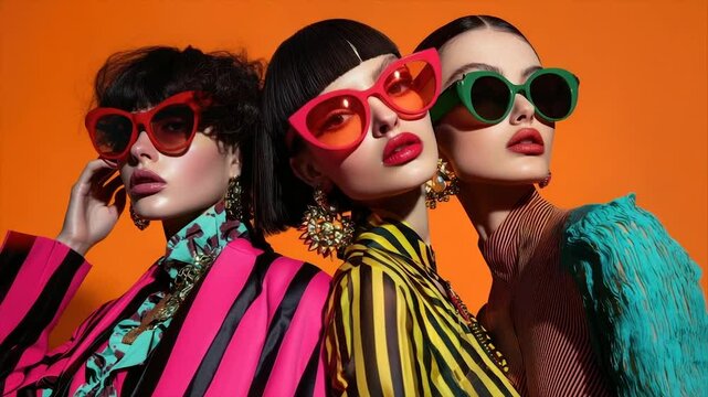Three fashionable women in vibrant outfits and sunglasses, posing against a bold orange backdrop