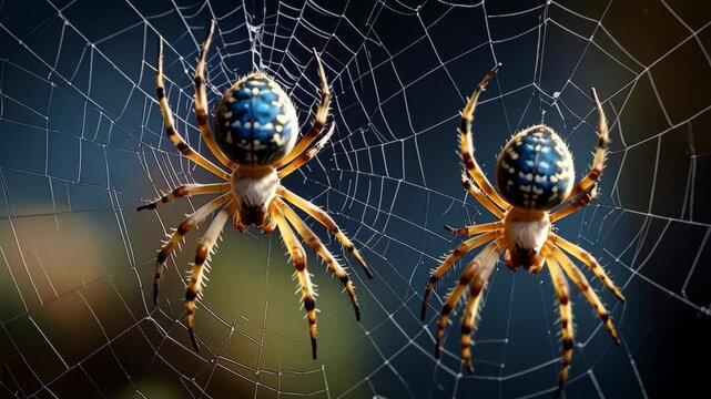 Two ornate orb weaver spiders suspend from a delicate silk web against dark background, exhibiting intricate blue and white abdominal patterns.