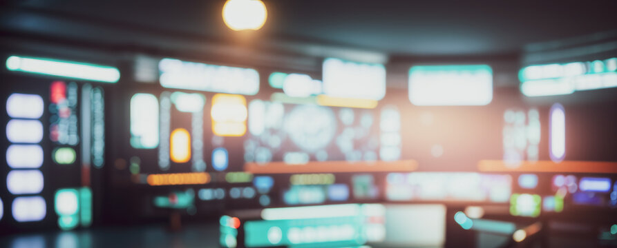 Blurry interior view of a building with lights and signs.futuristic photos with premium quality for poster and banner backgrounds