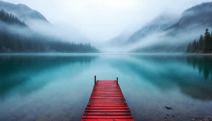 Red Wooden Dock Extending into Misty Teal Lake
