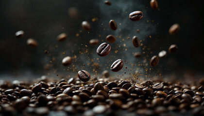 Levitating Roasted Coffee Beans in Dramatic Chiaroscuro Lighting High Contrast, Gritty Texture, and Moody Atmosphere in a Bold, Artful Composition
