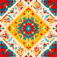 Traditional Folk Tile Pattern in Bold Colors Digital Illustration