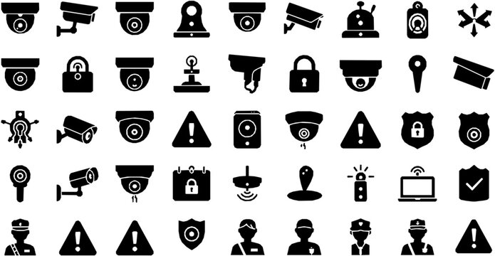 Surveillance monitoring glyph icon set. Vector pictograms of cctv, dome, detection, remote access, alert, intrusion warning, security, guard, black sign silhouette illustration