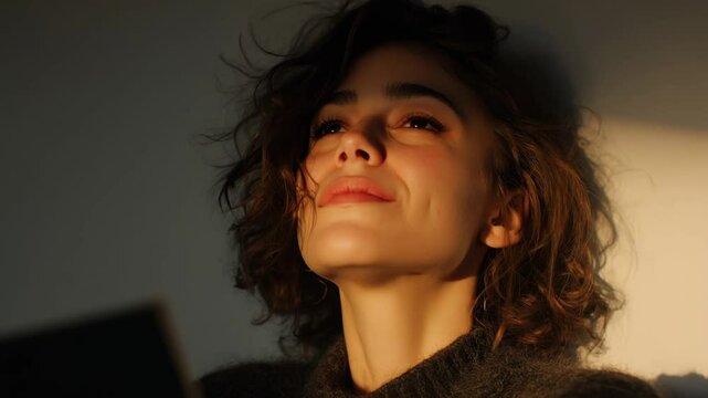 A beautiful young woman with a gentle smile enjoys the soft glow of sunlight.