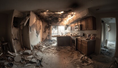 Kitchen fire damage interior destruction