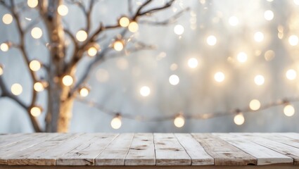 Wooden table in front of blurred abstract winter holiday background 